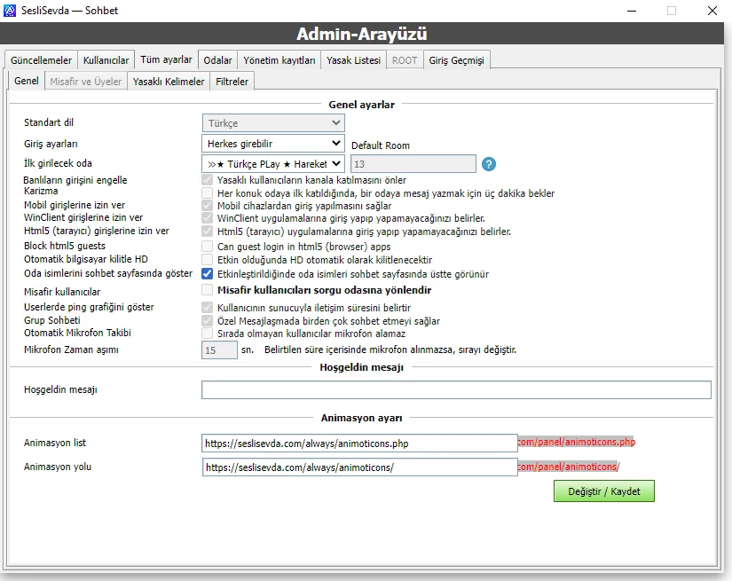 AvidoChat admin genel ayarları görünümü