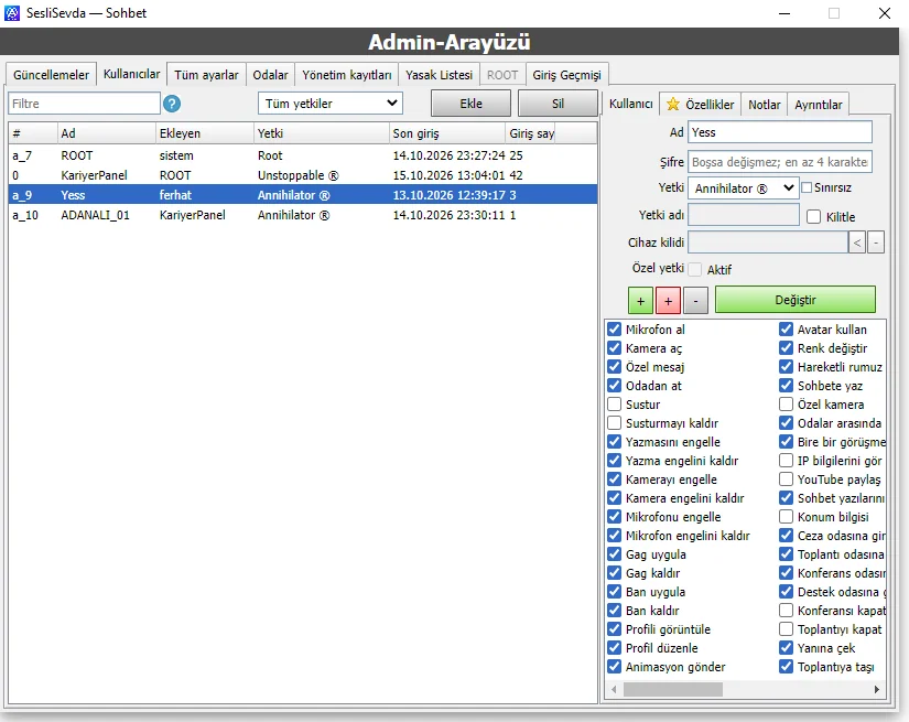 AvidoChat kullanıcı yetkileri ekranı