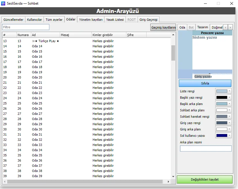 AvidoChat oda tasarım ayarları ekranı